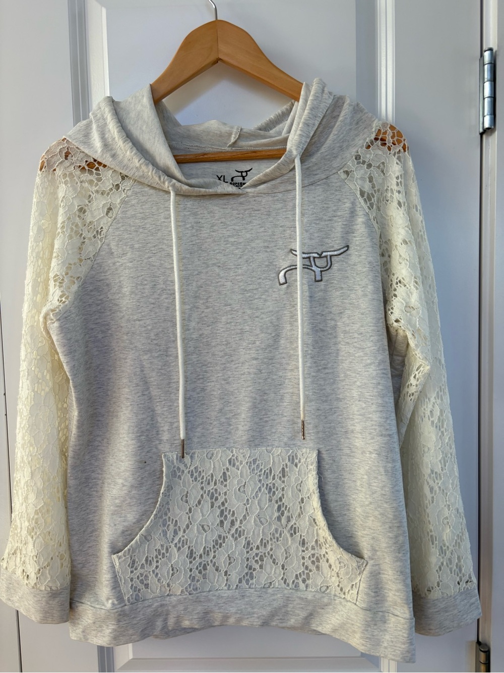Light Gray Lace-Sleeve Hoodie Pullover Women's Ropesmart Rodeo Rancher XL